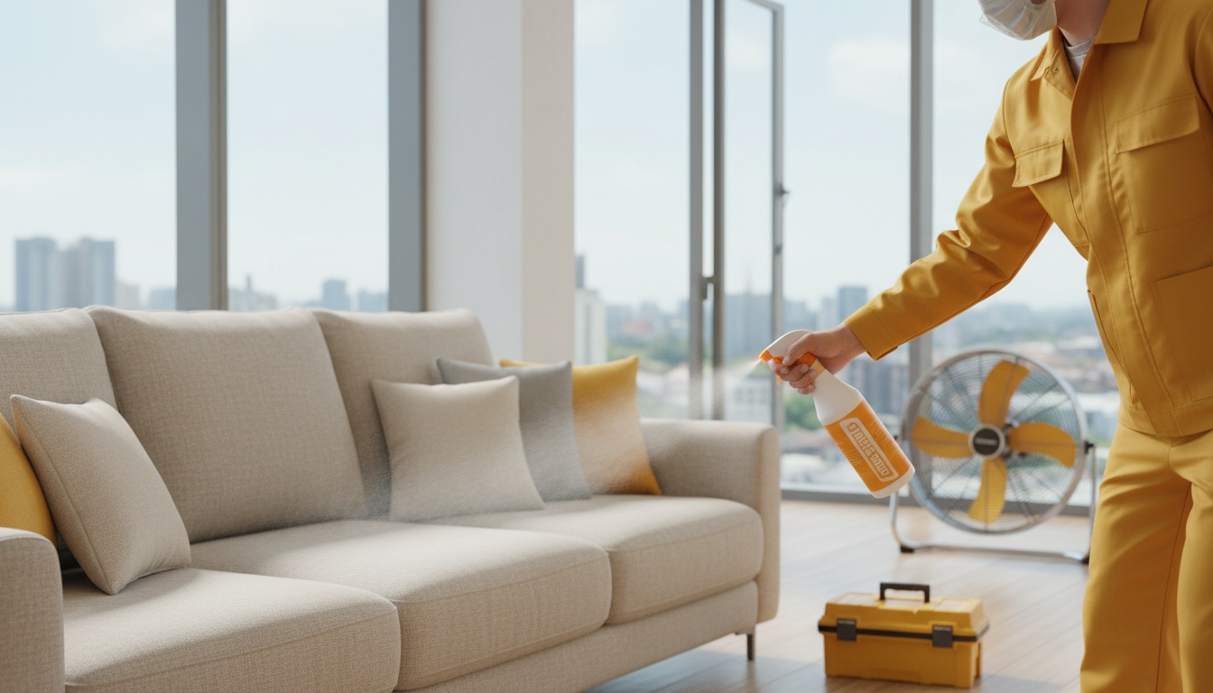 Professional applying fabric protector spray evenly on a sofa in a well-ventilated room—professional, high-quality