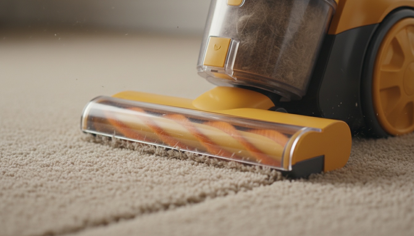 High-quality close-up of a vacuum head on carpet showing lifted fibers and collected pet hair in the bin
