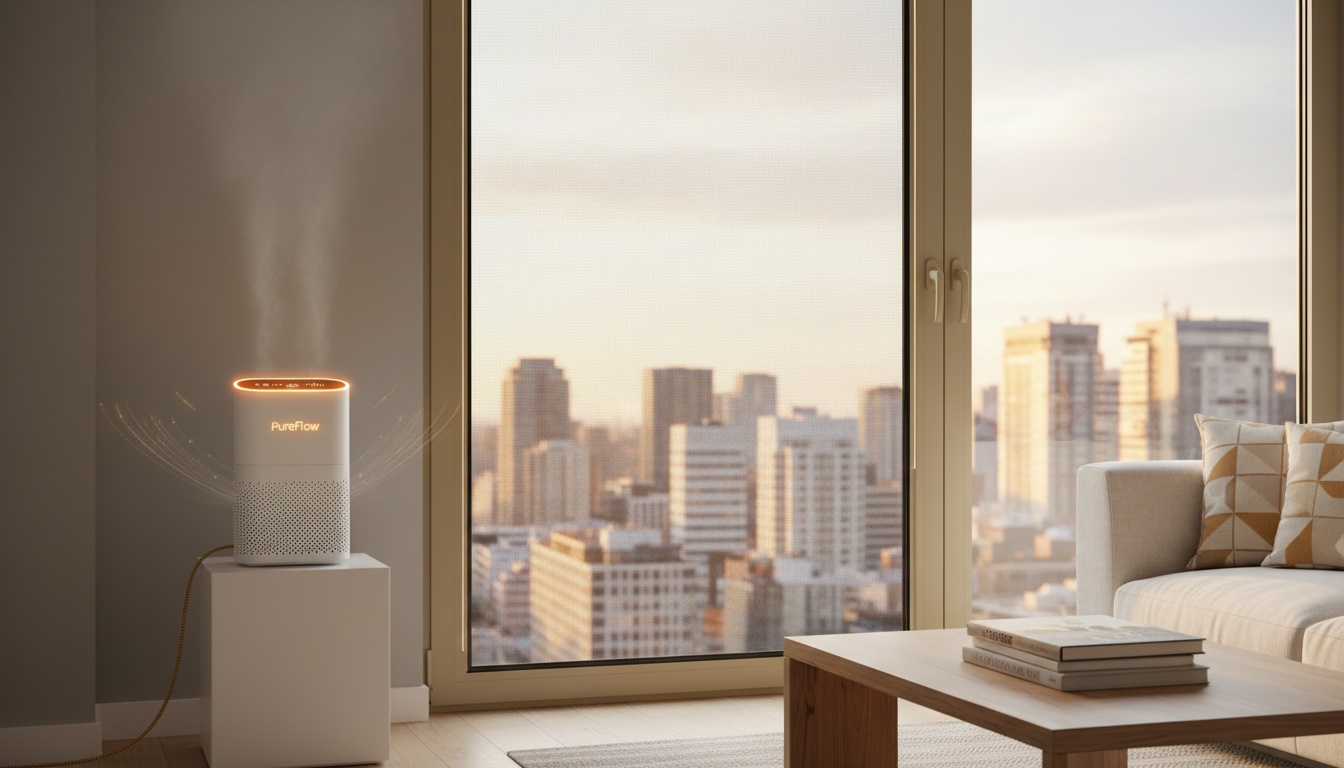 Window with a clean screen filter and a small air purifier running nearby in a condo setting