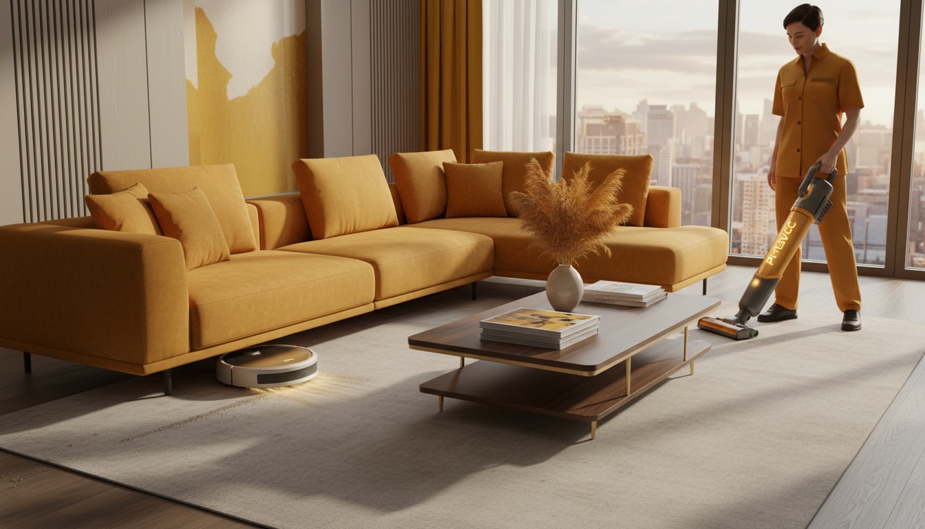 A modern living room with a cleaner vacuuming near a sofa and coffee table