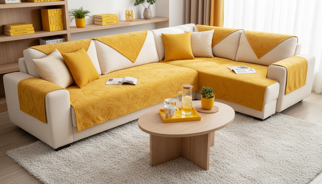 Organized living room setup with washable throw blankets, armrest covers, and a small tray for drinks—professional, high-quality