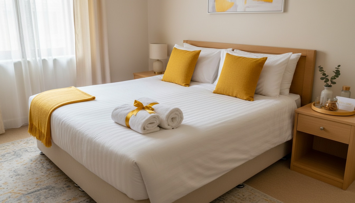 Guest bedroom with crisp sheets, neatly folded towels, and a small welcome tray