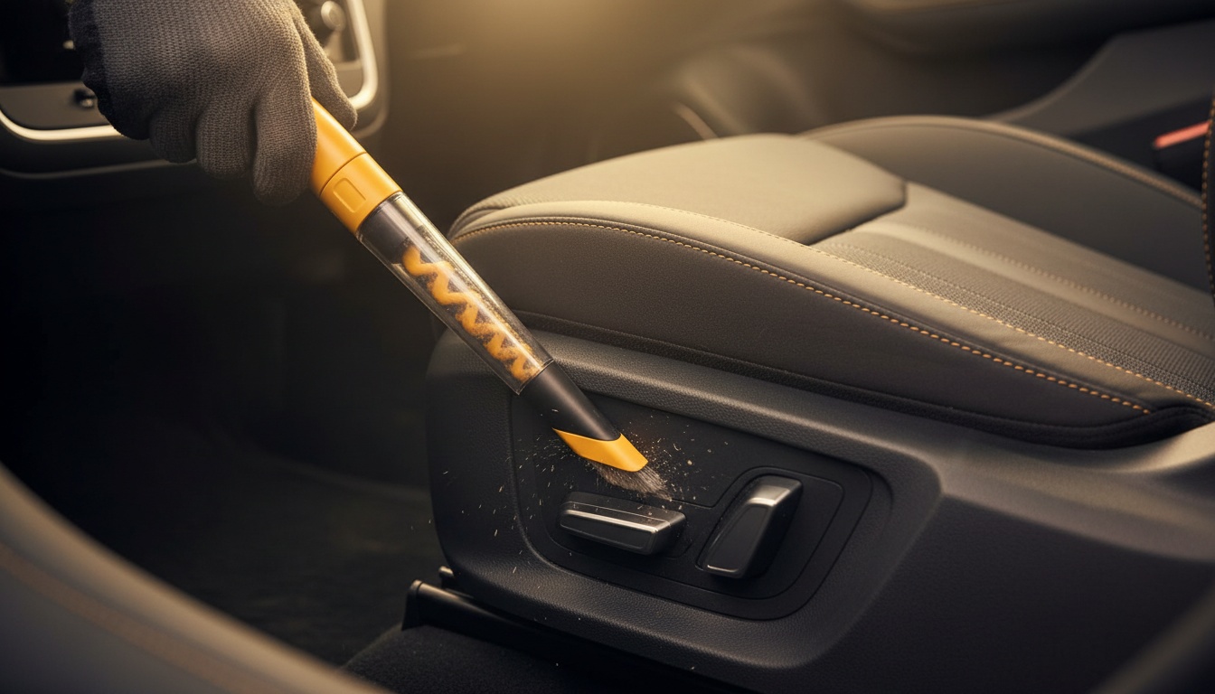 Detailed interior shot of a car seat being cleaned with a crevice tool, focusing on seat seams and rails