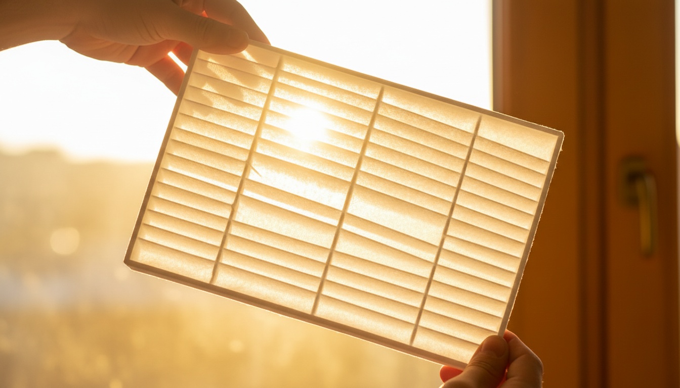 Close-up of a clean AC filter being held up to sunlight, showing clear airflow