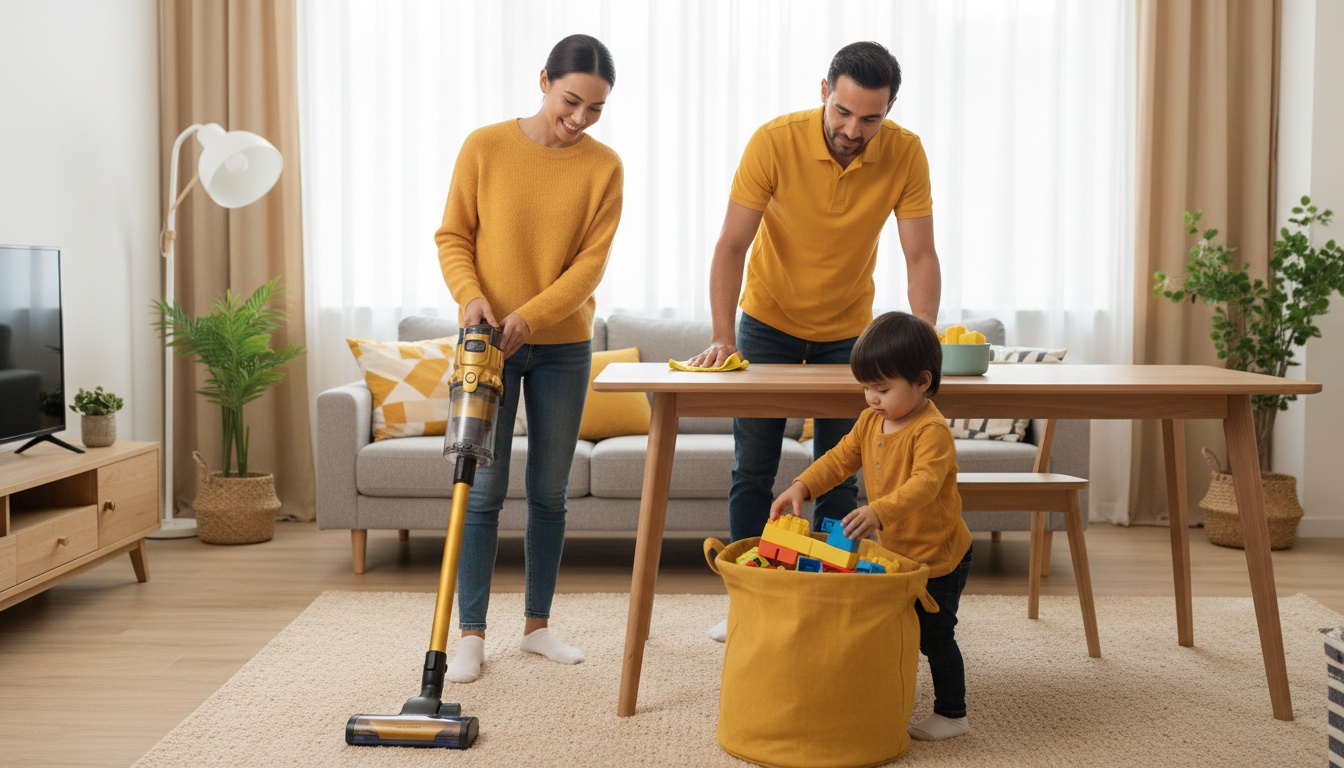 Family doing light cleaning together—one vacuuming, one wiping table, one organizing toys