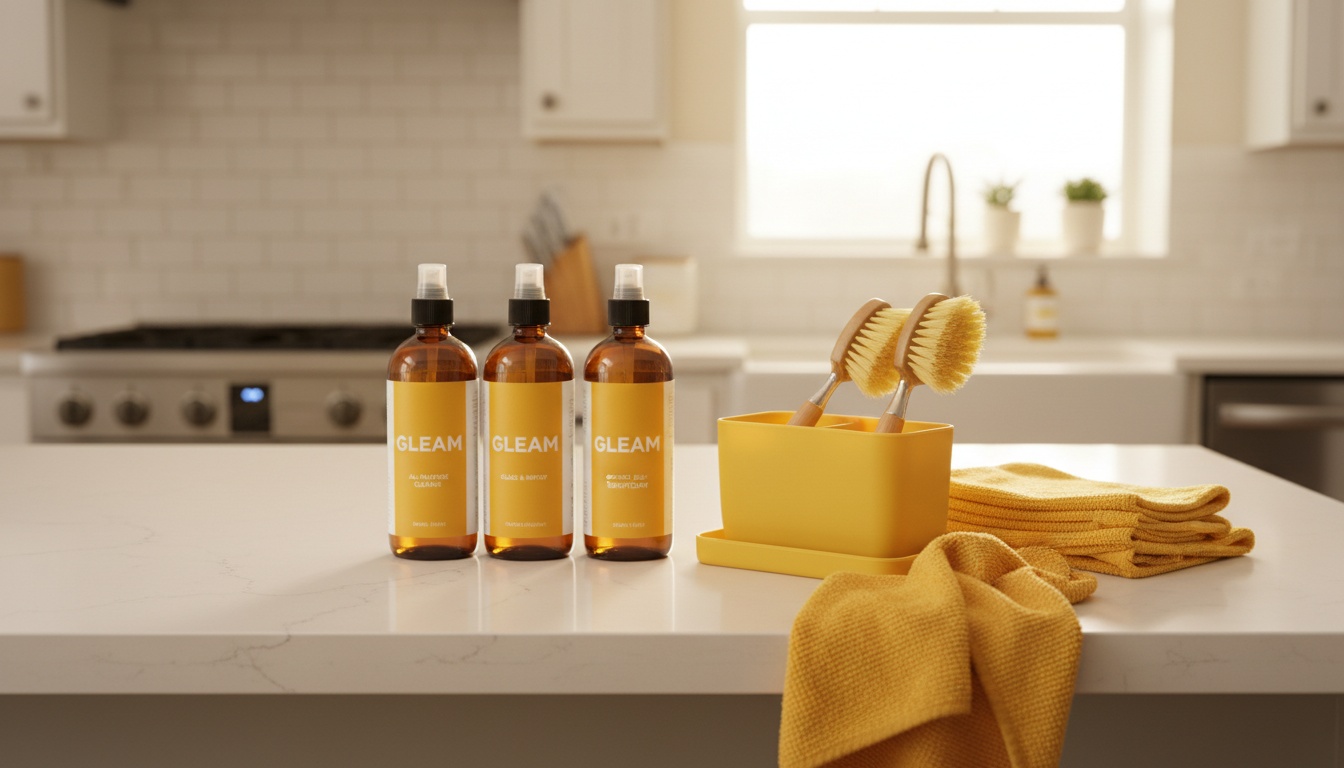 A spotless kitchen counter with organized cleaning supplies and a microfiber cloth