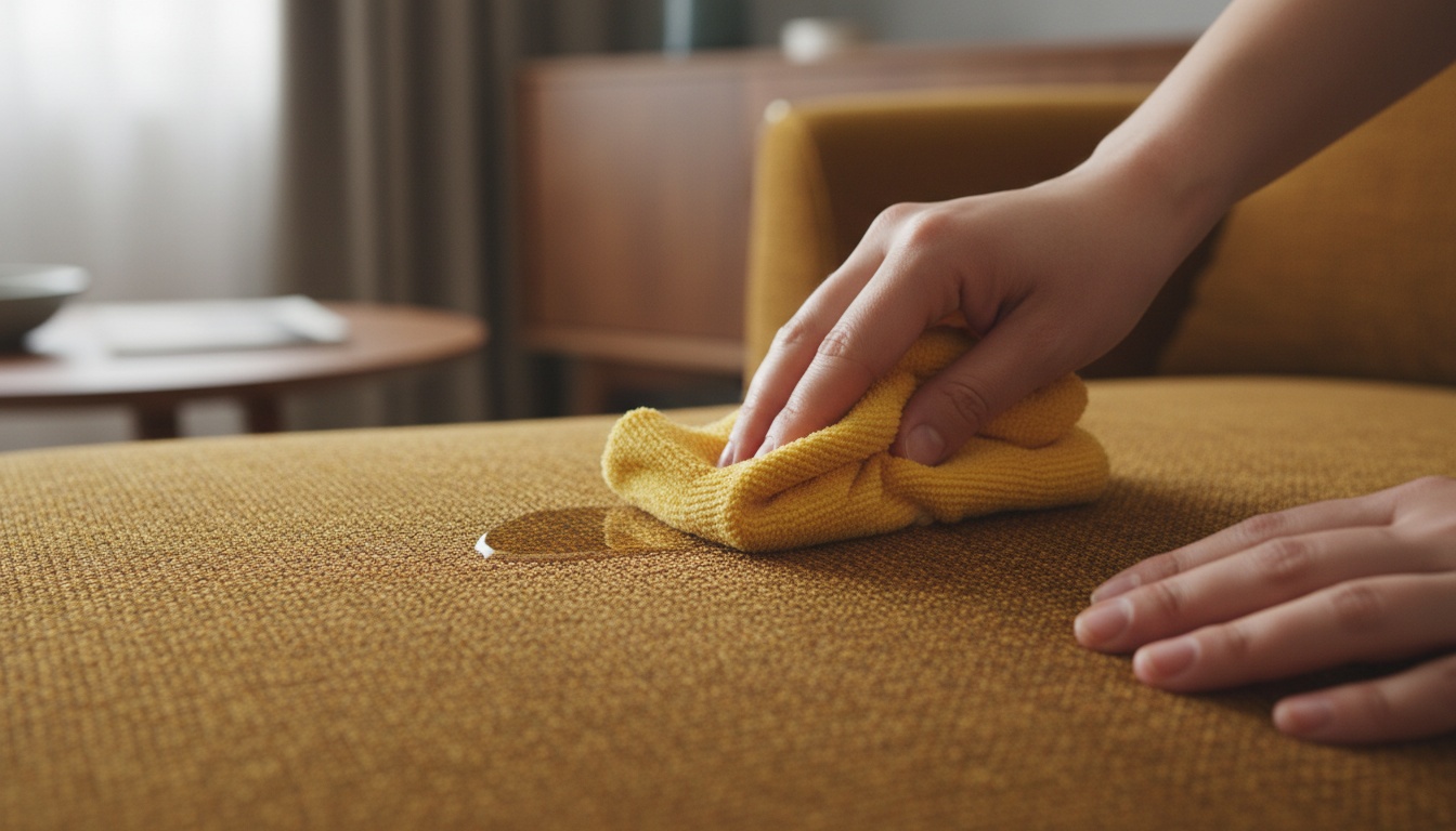 Close-up of hands gently blotting a spill on upholstery with a clean microfiber cloth—professional, high-quality