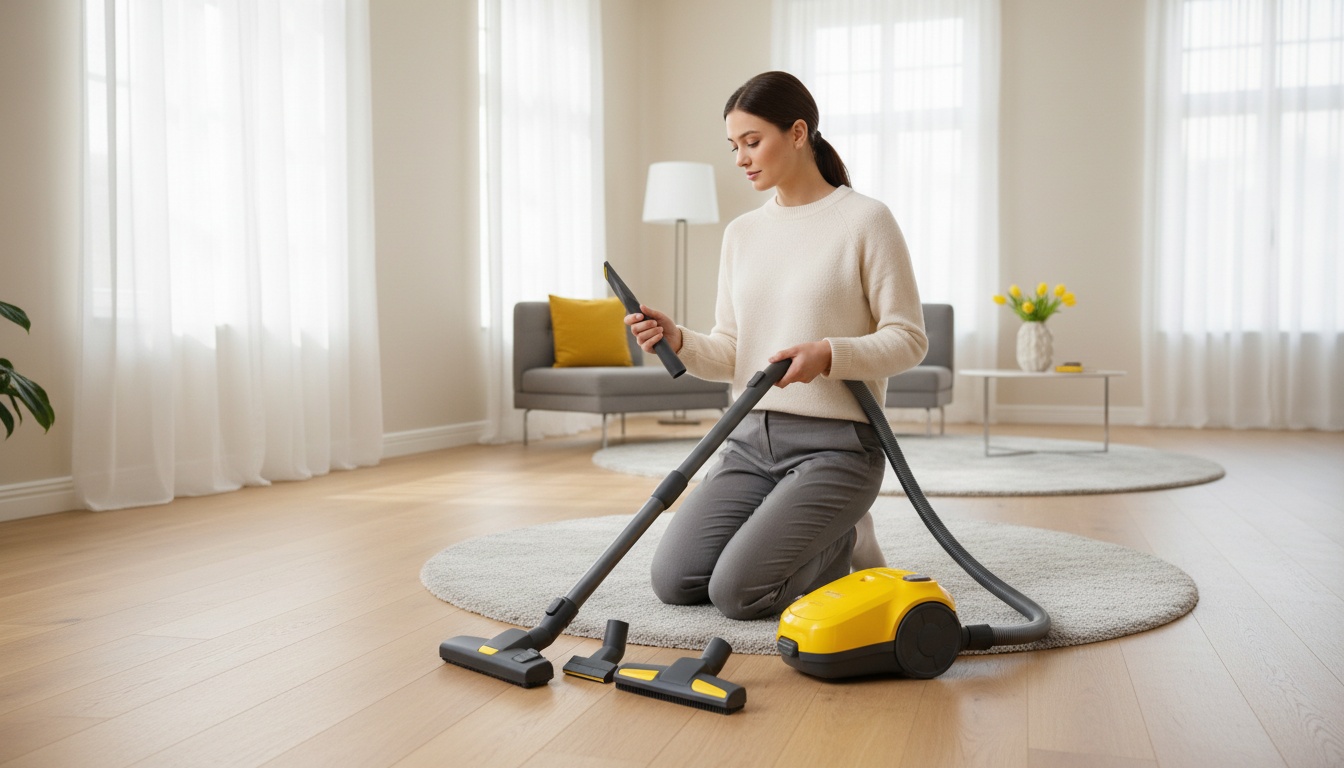 Clean, professional shot of a person comparing vacuum attachments in a well-lit home setting