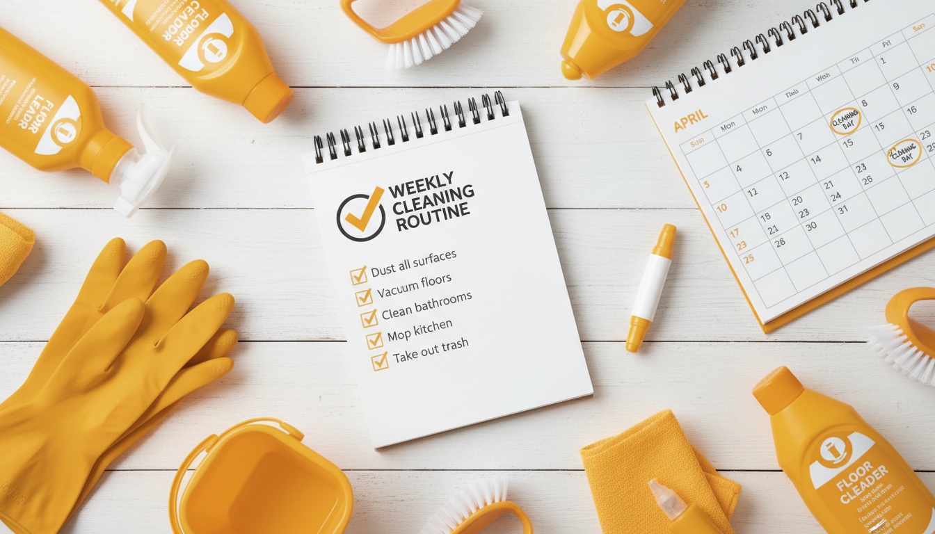 Checklist-style photo of cleaning supplies neatly arranged with a calendar and gloves