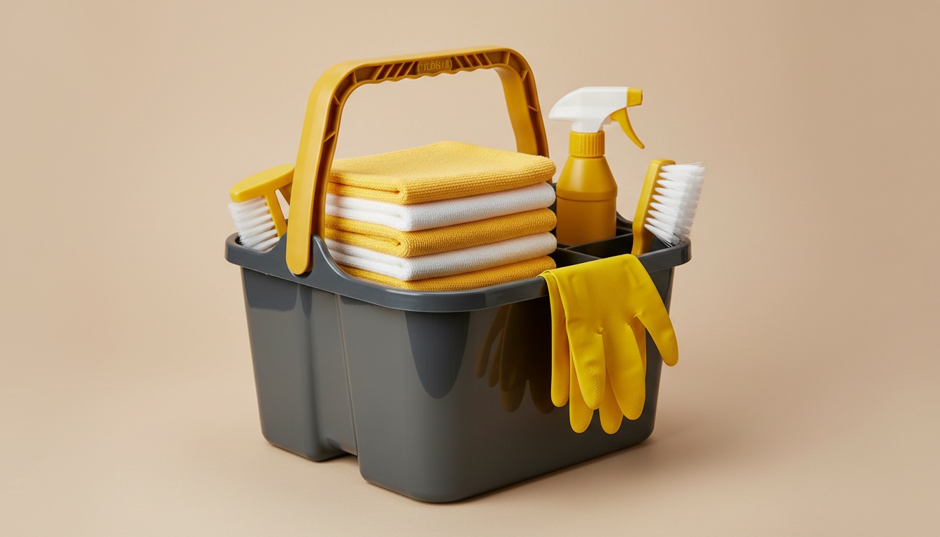 Neatly arranged cleaning caddy with microfiber cloths, gloves, and compact tools on a neutral background
