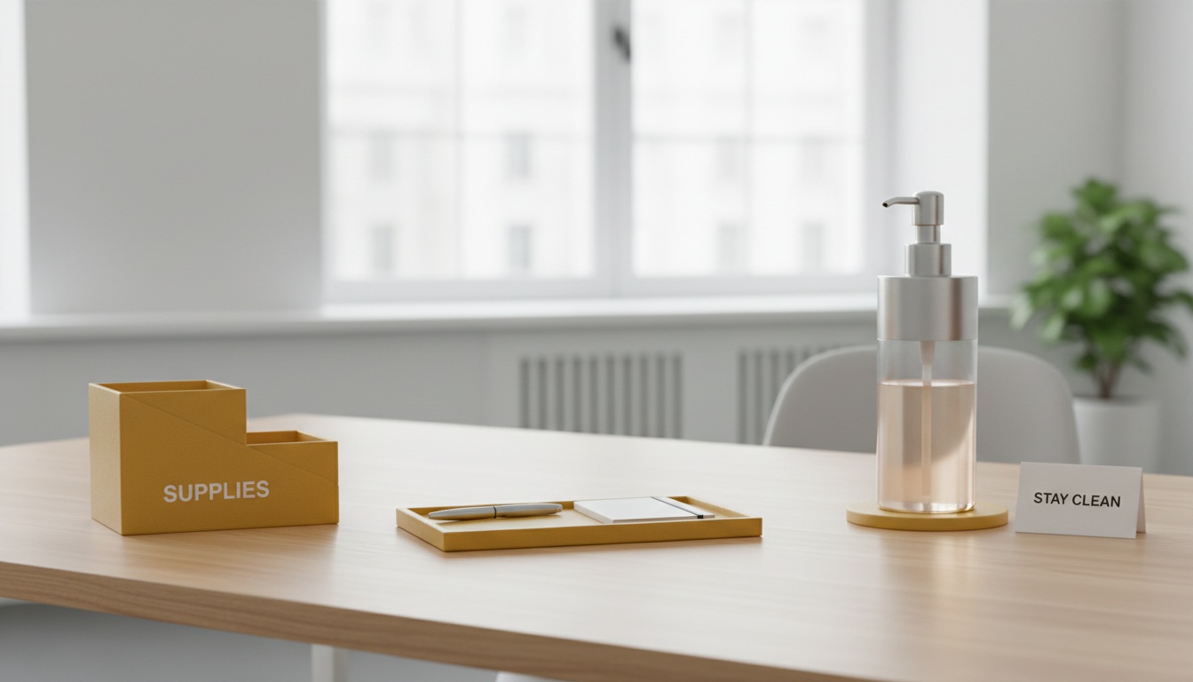 Minimalist office desk with a small tray for items, labeled bin, and hand sanitizer station