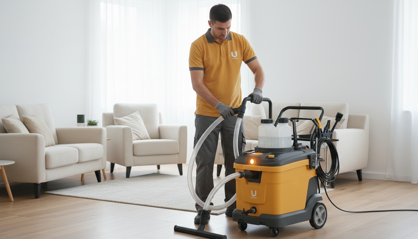 Technician preparing upholstery cleaning equipment (steam/extraction machine) in a tidy home setting—professional, high-quality