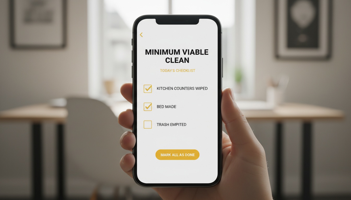 Simple minimalist “Minimum Viable Clean” checklist on a phone screen