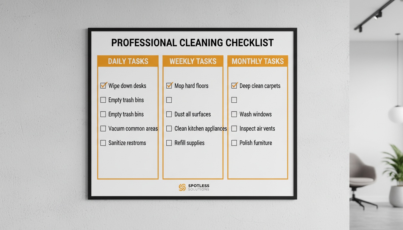 Professional cleaning checklist board on an office wall with sections for daily, weekly, monthly