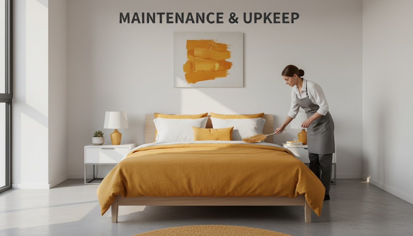 A neatly made bed in a minimal bedroom with sunlight and a cleaner dusting a nightstand