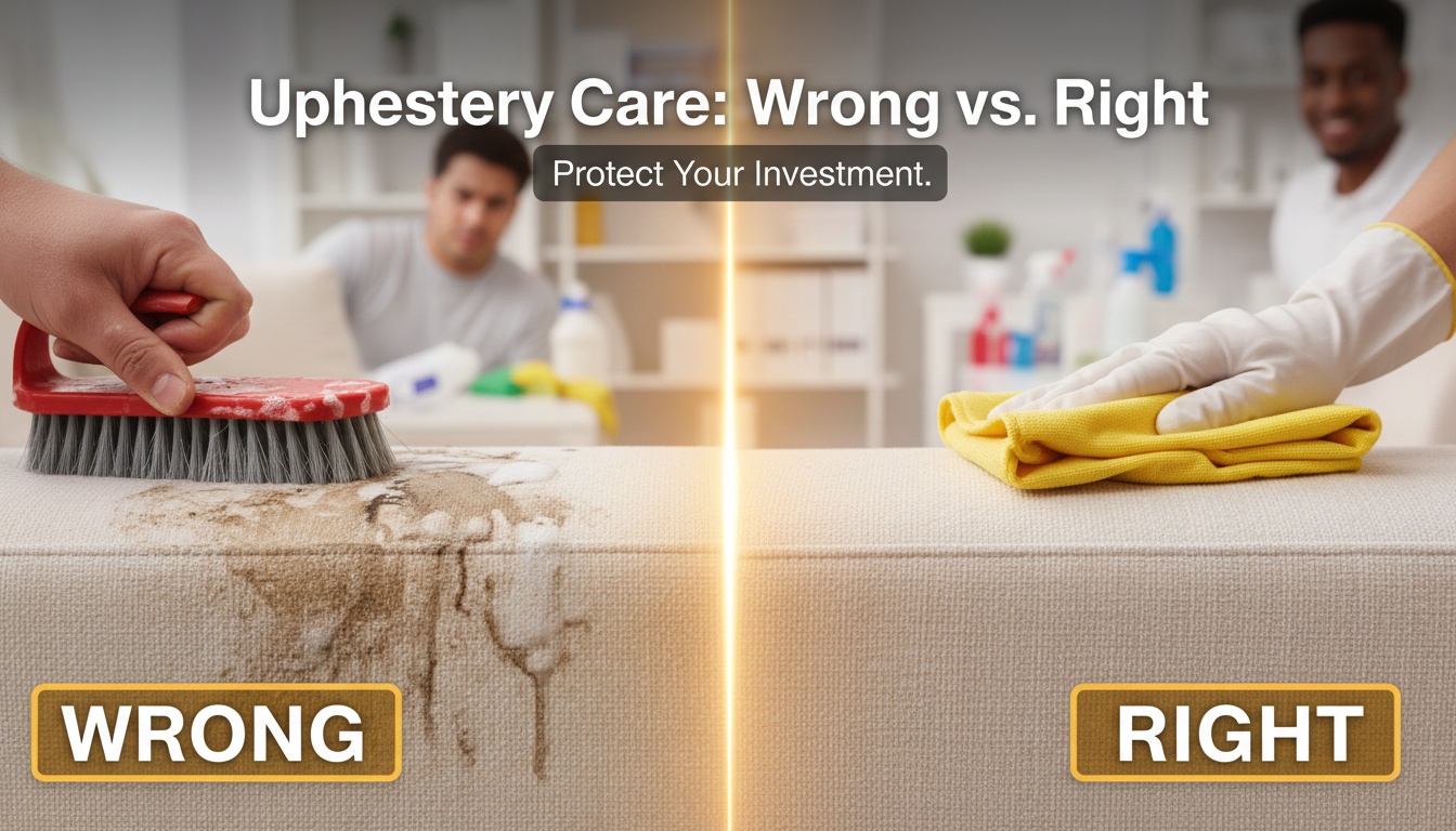 Split-scene showing “wrong vs right” upholstery care—harsh scrubbing on one side, gentle blotting on the other—professional, high-quality