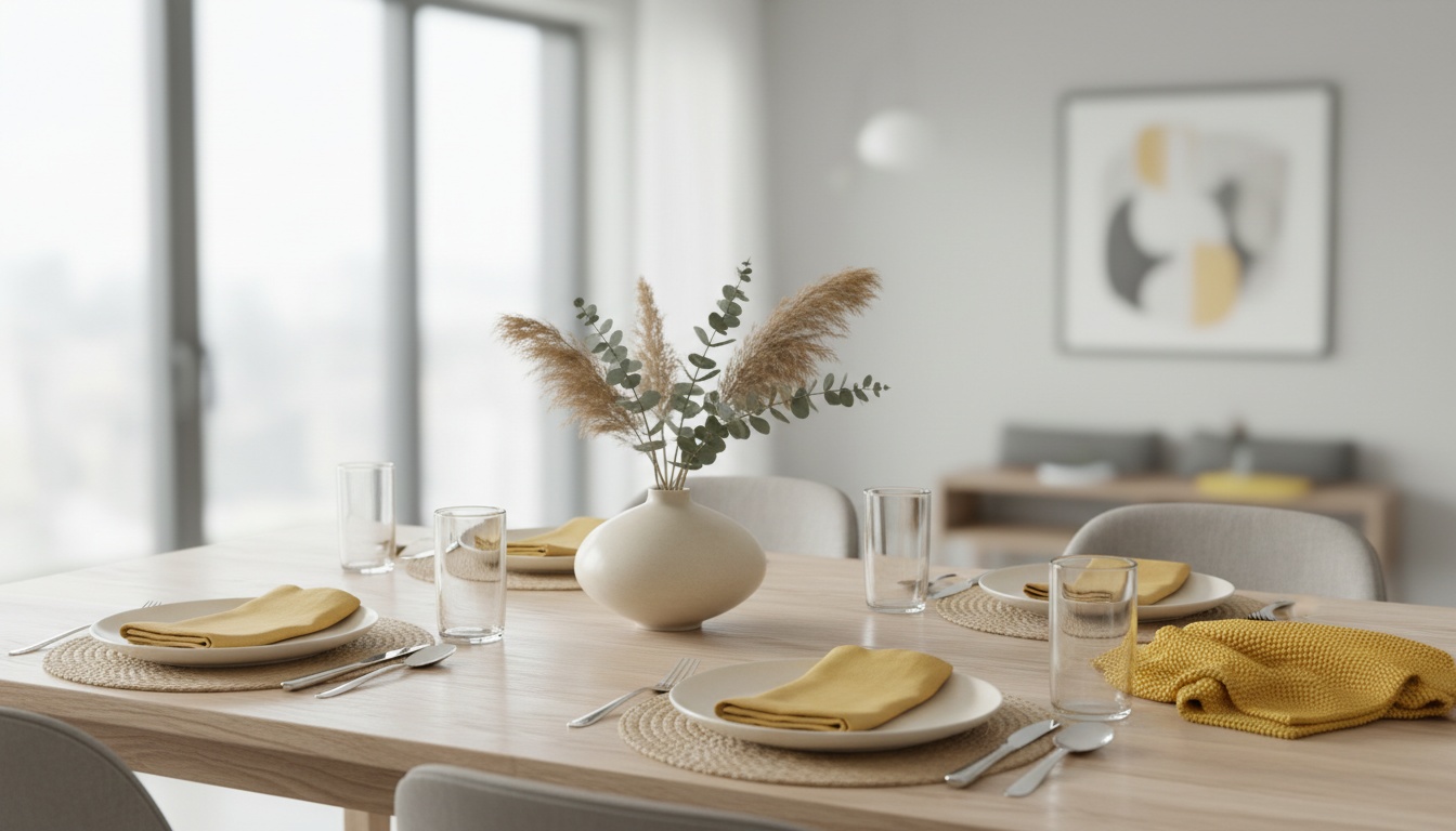 A clean dining table set with neutral décor and a microfiber cloth beside it