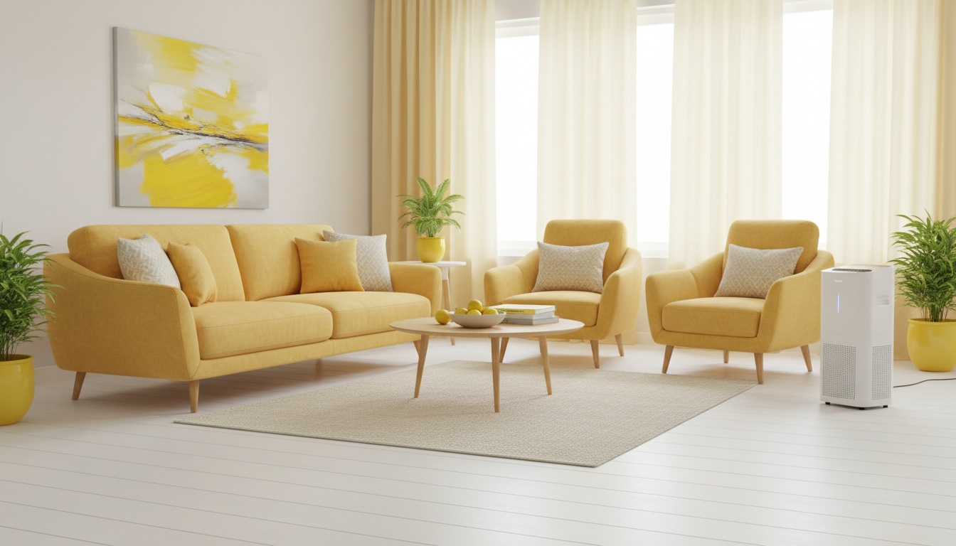 Airy living room with a dehumidifier near upholstered furniture—professional, high-quality