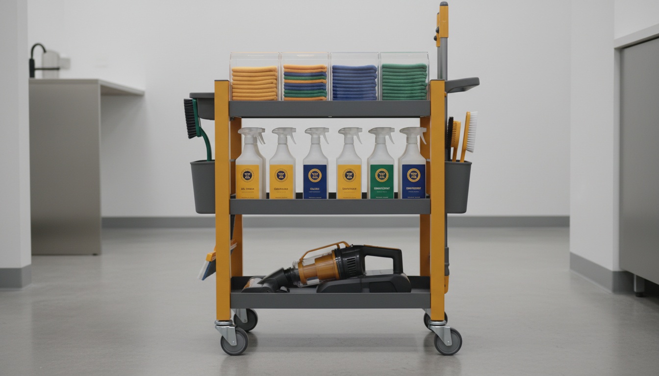 Color-coded microfiber cloths, spray bottles, and a compact vacuum arranged neatly on a cleaning cart