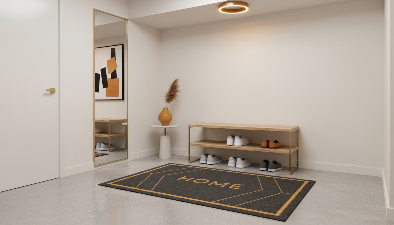 A condo entryway with a clean mat, shoe rack, and spotless floor