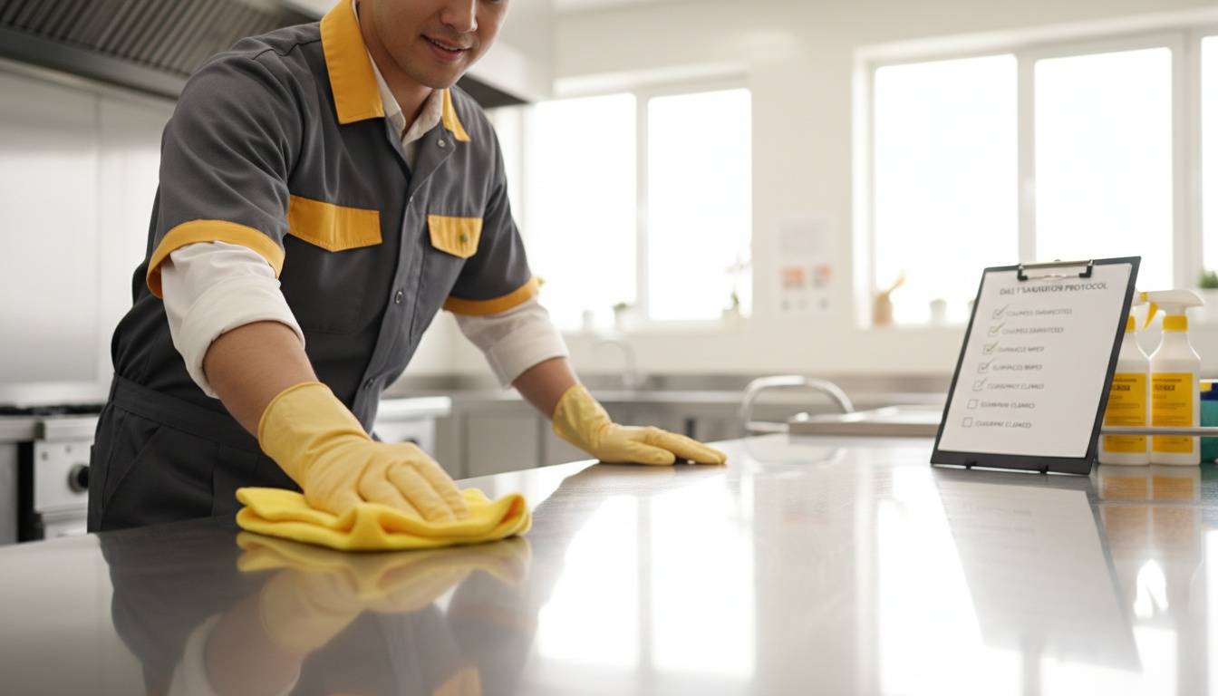 Professional cleaner in uniform wiping a clean surface with microfiber cloth, checklist visible