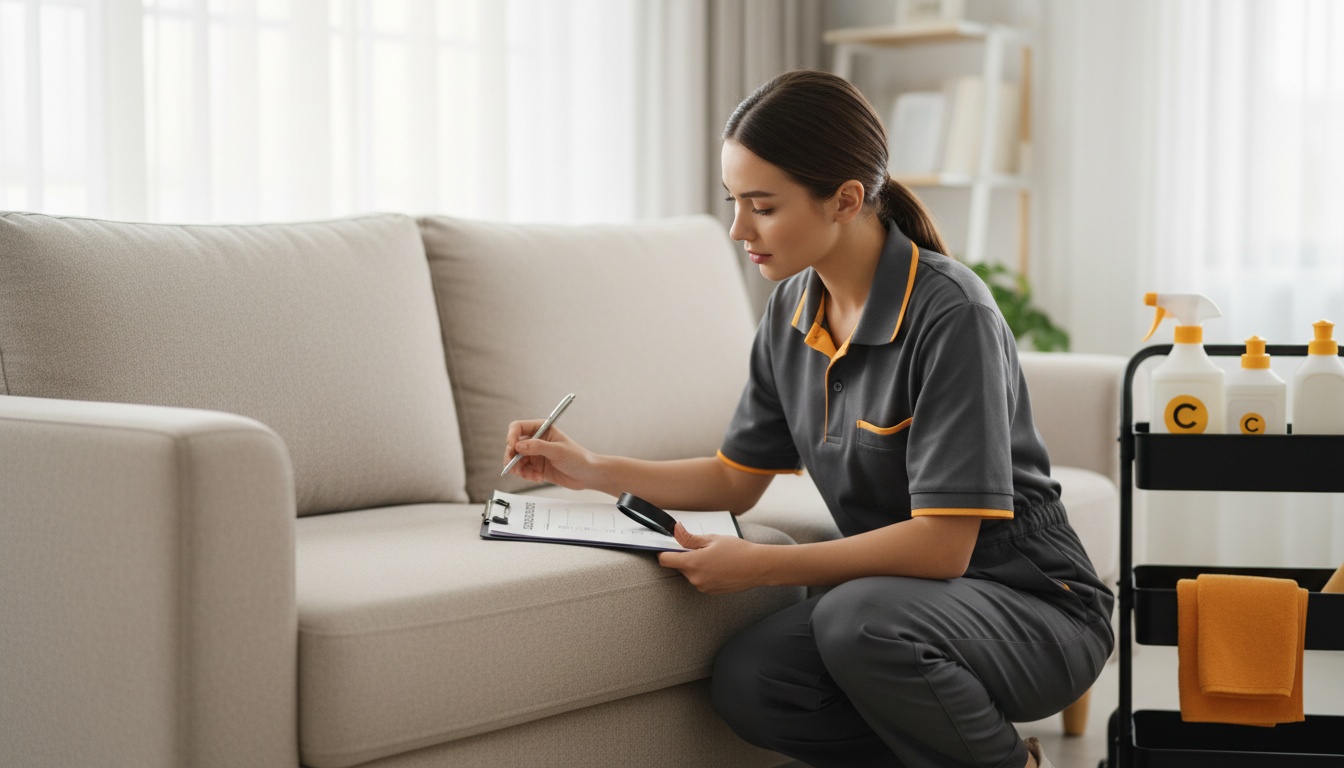 Professional cleaner inspecting sofa fabric with checklist—professional, high-quality