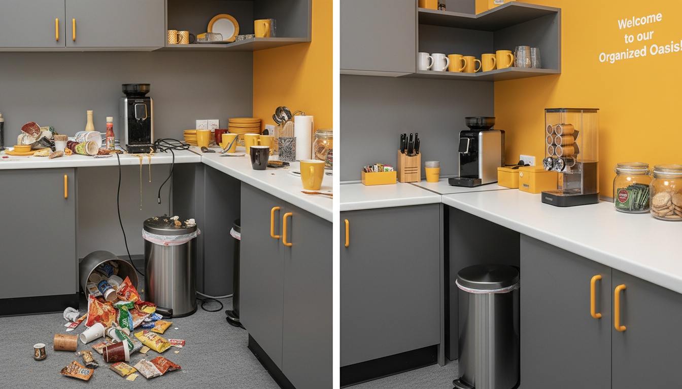 Office pantry with visible clutter and an overflowing trash bin contrasted with a clean organized setup