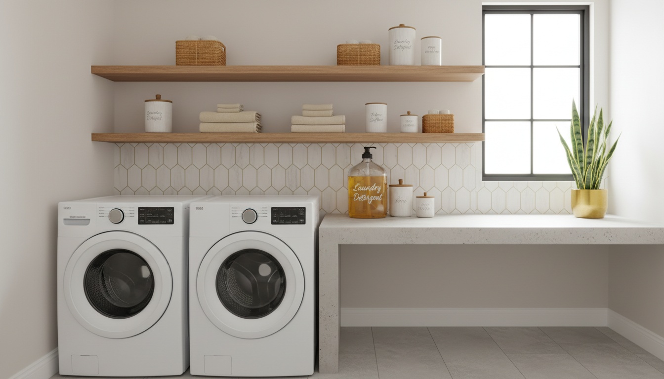 A tidy laundry area with a washer, detergent neatly stored, and clean countertops