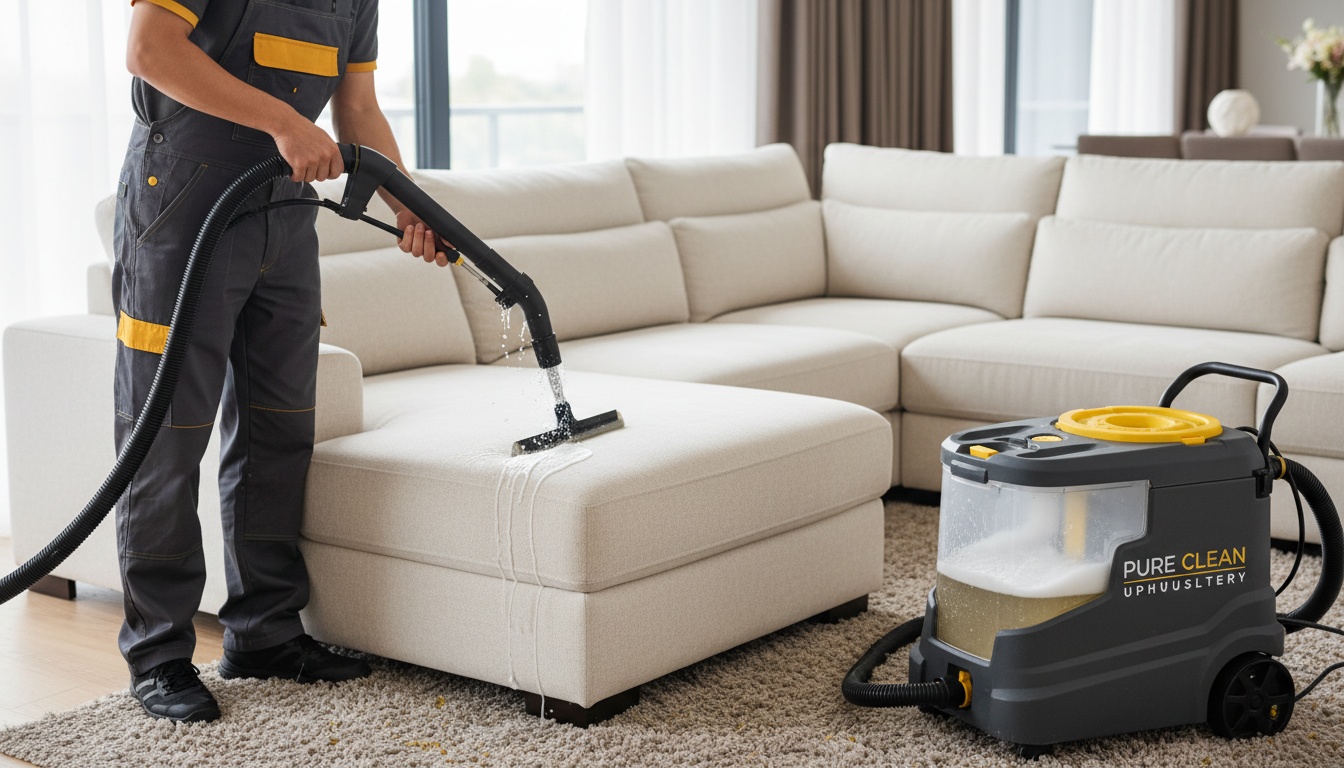 Technician performing professional upholstery extraction on a sectional sofa—professional, high-quality