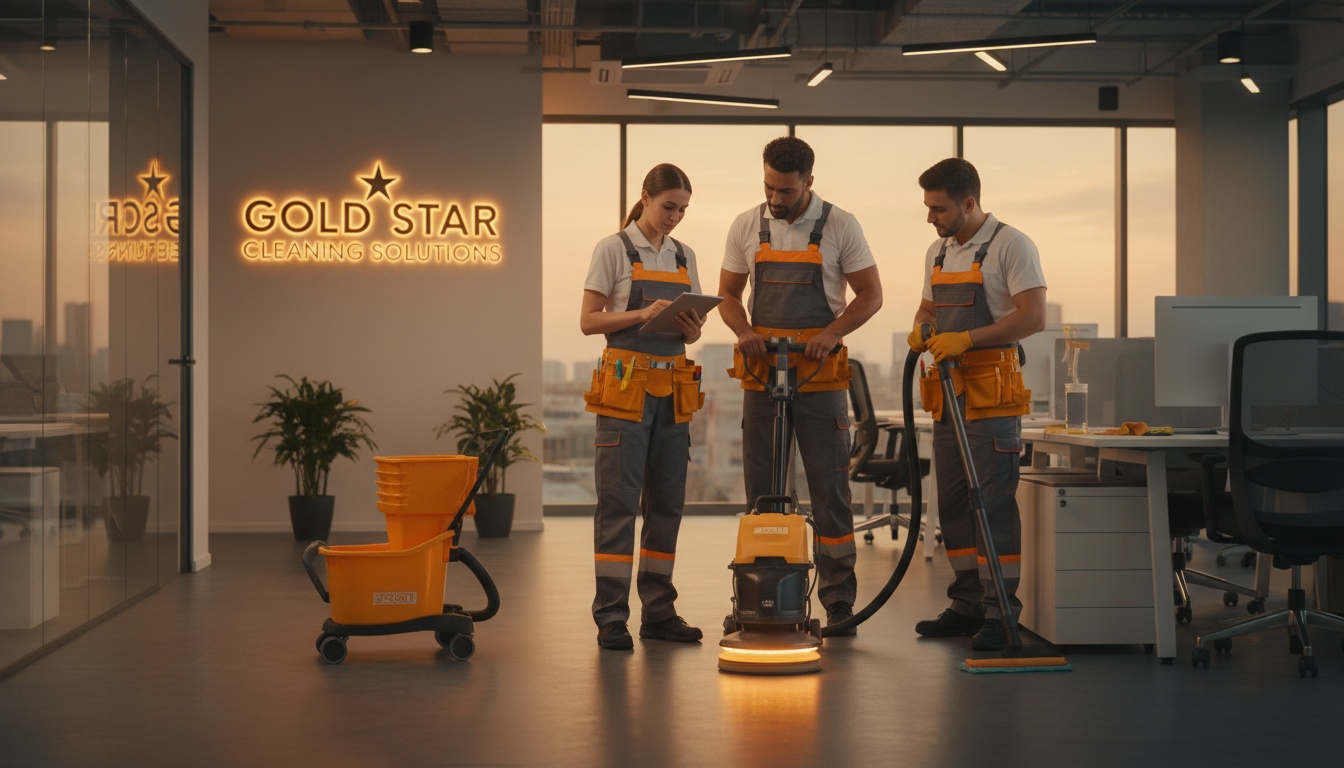 Uniformed cleaning team in an office setting using a checklist and professional equipment