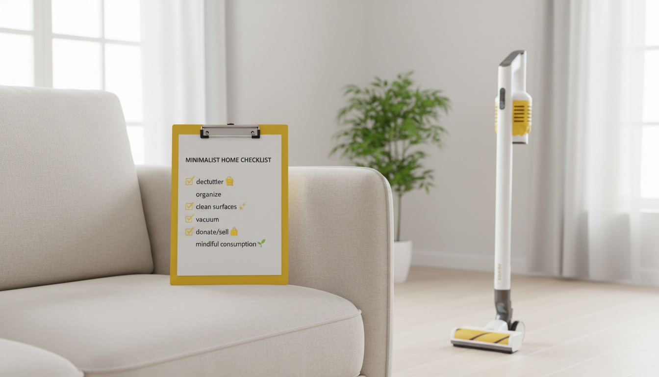 Minimalist checklist on a clipboard beside a clean sofa and vacuum—professional, high-quality