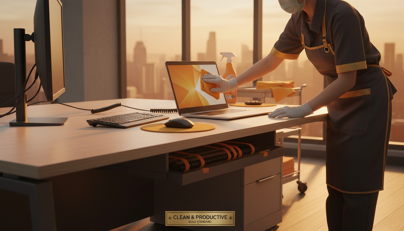 A clean office desk with a laptop, organized cables, and a cleaner wiping high-touch areas
