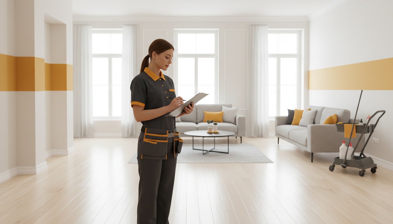 A cleaner doing a final walkthrough with a checklist in a well-lit room