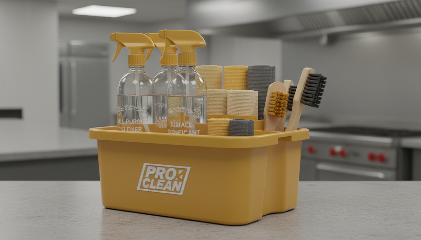 A professional cleaning caddy with labeled bottles, microfiber cloths, and a small brush set