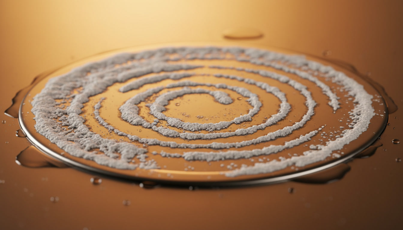 Close-up photo of white limescale deposits on a stainless electric kettle heating plate, professional lighting