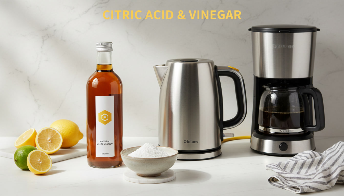 Flat-lay of food-grade citric acid powder in a small bowl and white vinegar bottle beside a kettle and coffee maker, clean kitchen background
