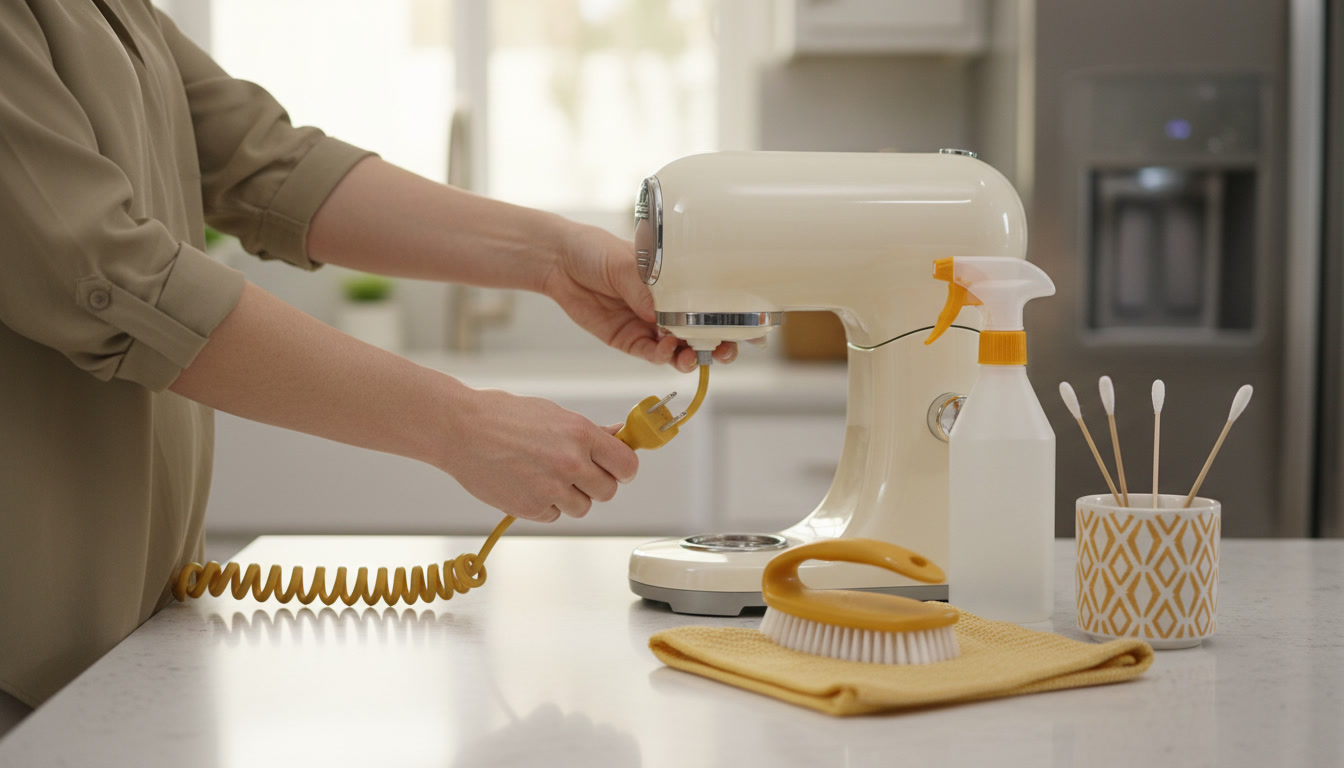 Professional photo of hands unplugging a small appliance on a countertop with cleaning tools neatly arranged