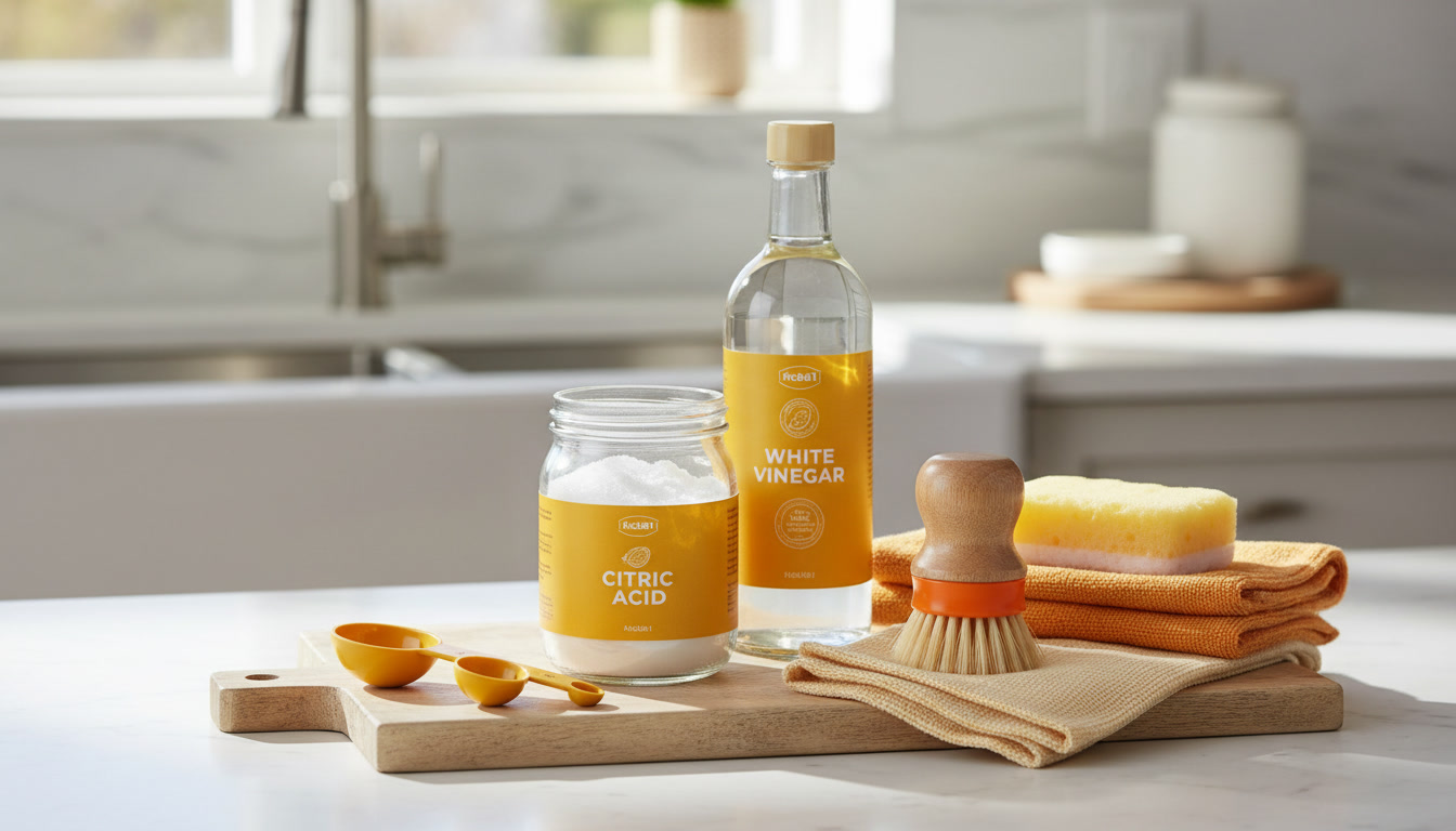 Neatly arranged items: citric acid, white vinegar, measuring spoon, microfiber cloth, soft sponge, and a brush, shot in a bright kitchen