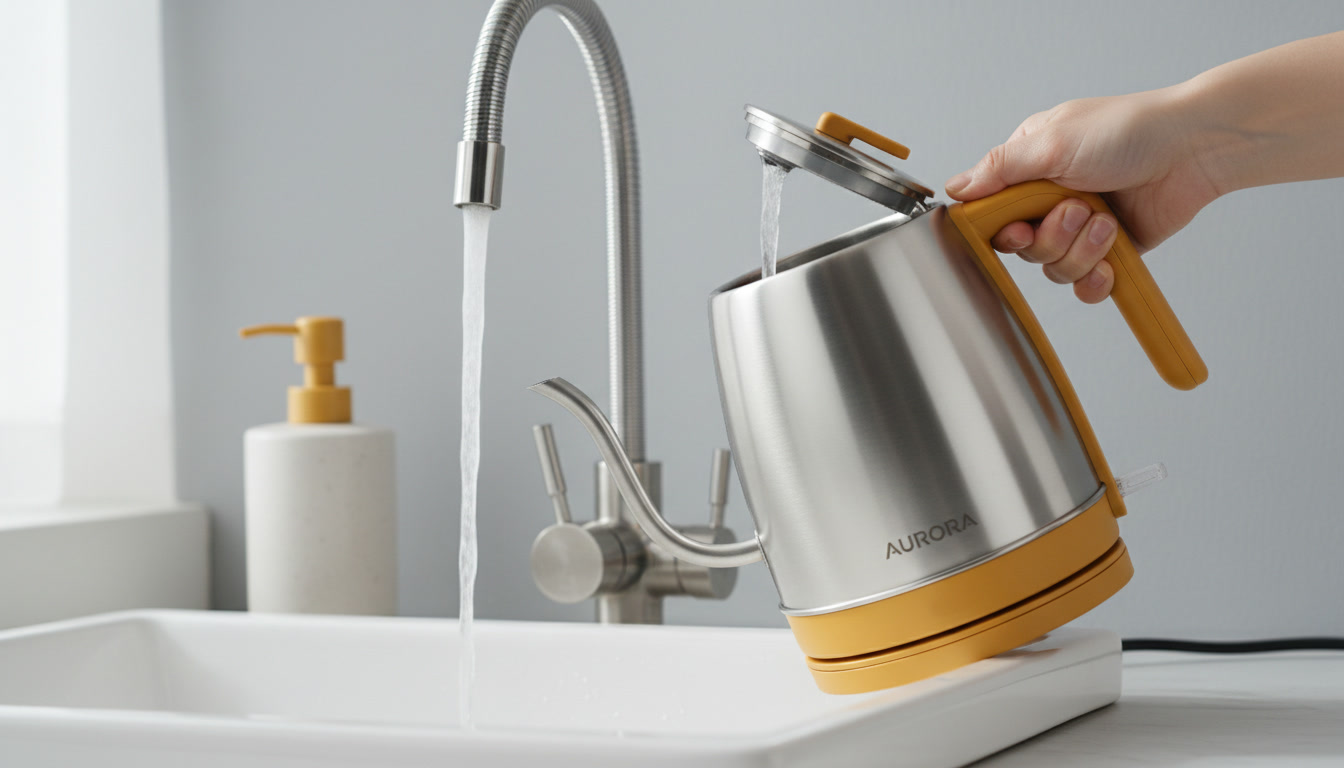 High-quality photo of a stainless steel electric kettle being filled at a sink, minimal and clean style