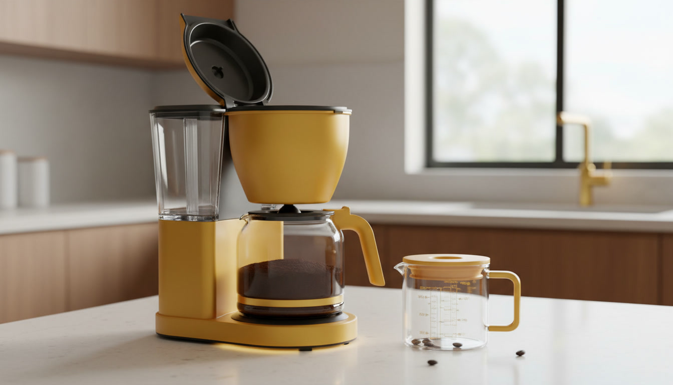 Professional photo of a drip coffee maker on a counter with the reservoir open, next to a glass carafe and measuring cup