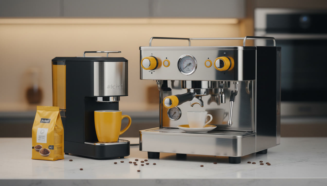 High-quality photo of a compact single-serve coffee machine and an espresso machine side by side on a clean counter