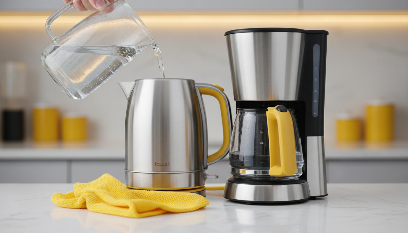Photo of clean water being poured into a kettle and coffee maker reservoir, with a fresh microfiber towel beside them