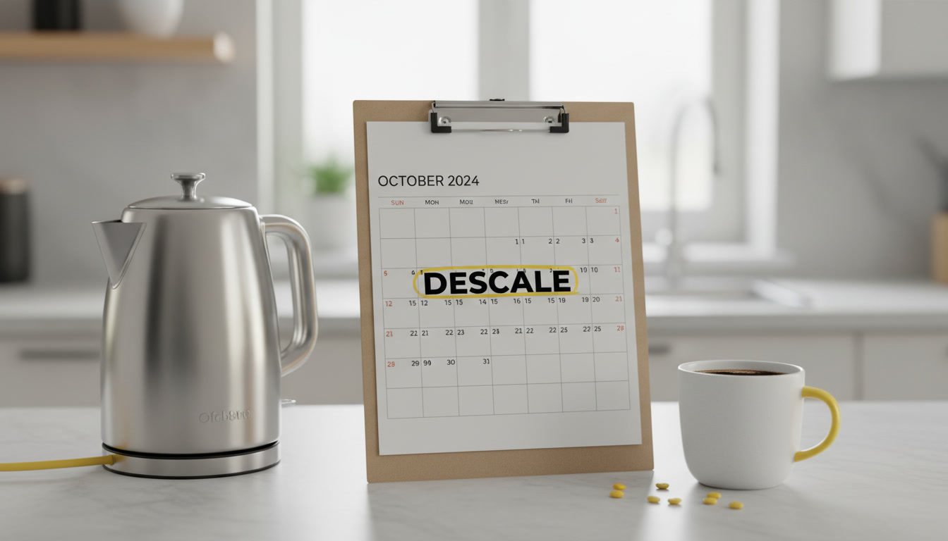 Professional photo of a monthly calendar on a clipboard with “Descale” scheduled, next to a kettle and coffee cup