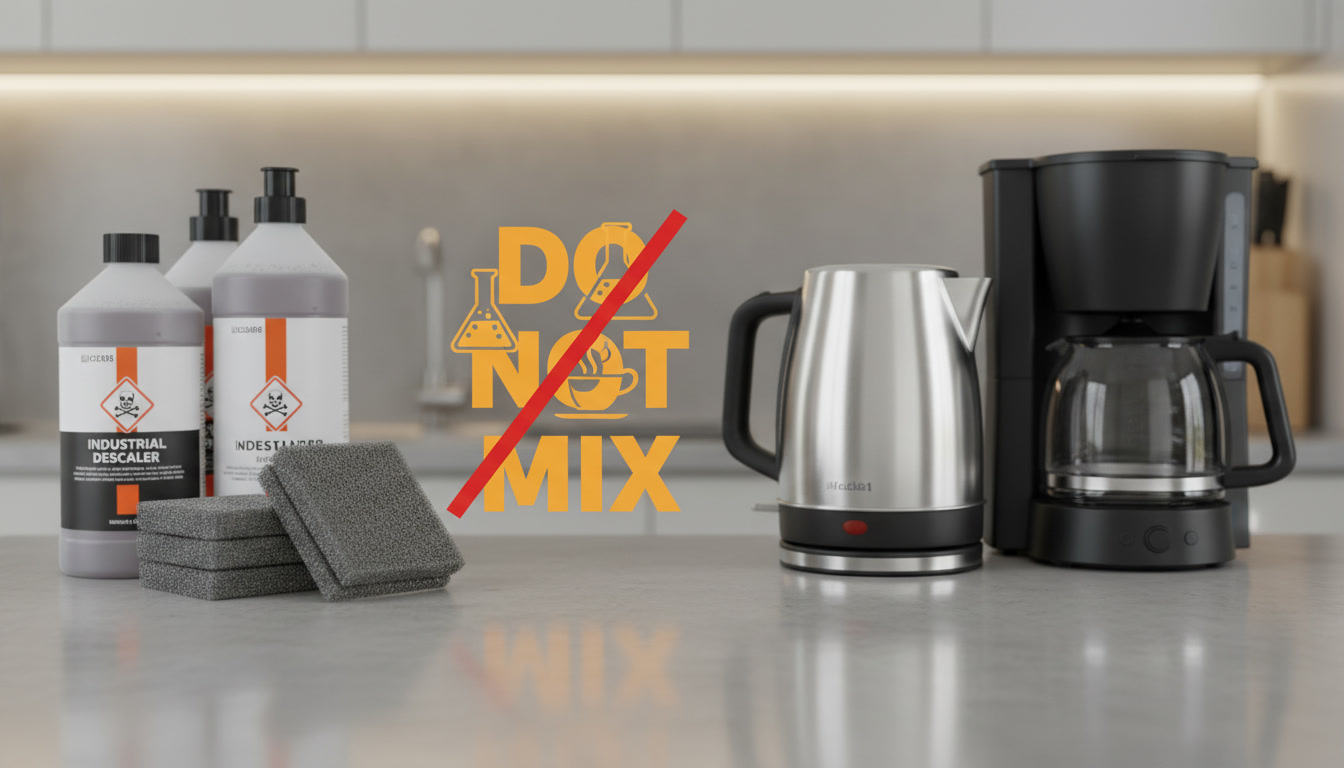 High-quality photo of “do not” style scene: steel wool and harsh cleaner bottles placed away from a kettle/coffee maker, with a clear warning composition