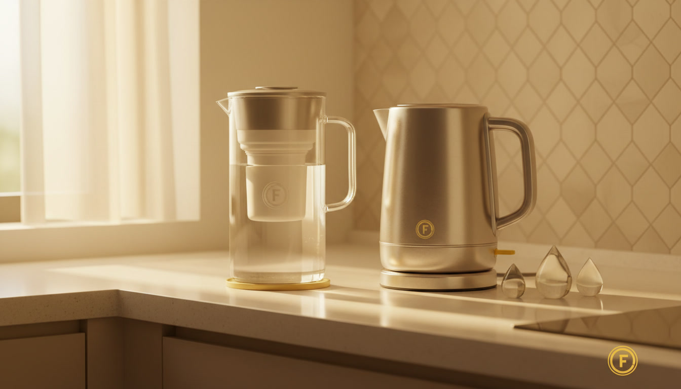 Professional photo of a water pitcher and a kettle on a bright countertop, suggesting filtered water use