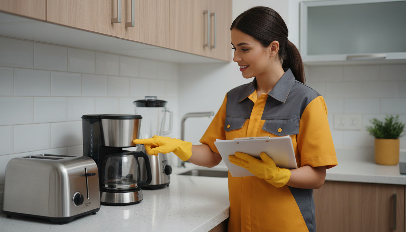 Photo of a cleaner in uniform inspecting a small kitchen appliance area with a checklist, professional and trustworthy