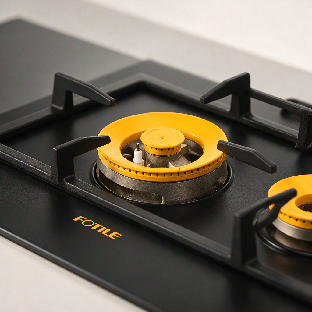 Close-up photo of a modern gas cooktop with burner cap, burner head, and igniter/electrode visible, professionally lit