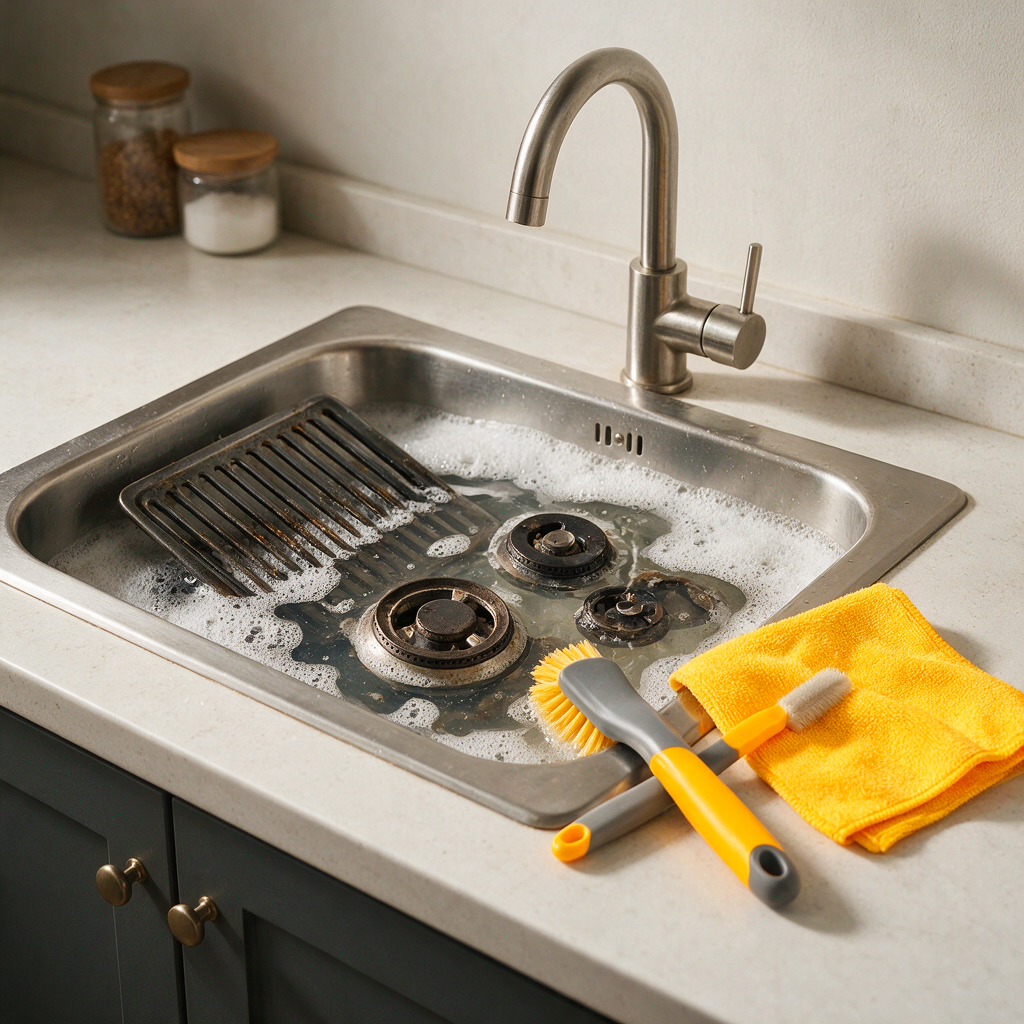 A sink setup with grates and burner parts soaking in warm soapy water, with a soft brush and microfiber cloth beside it