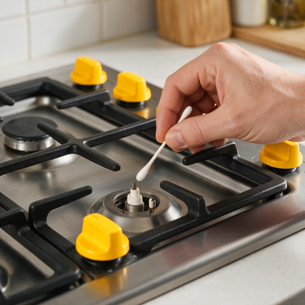 Close-up of a hand using a cotton swab near a ceramic igniter on a gas stove, with careful, precise lighting