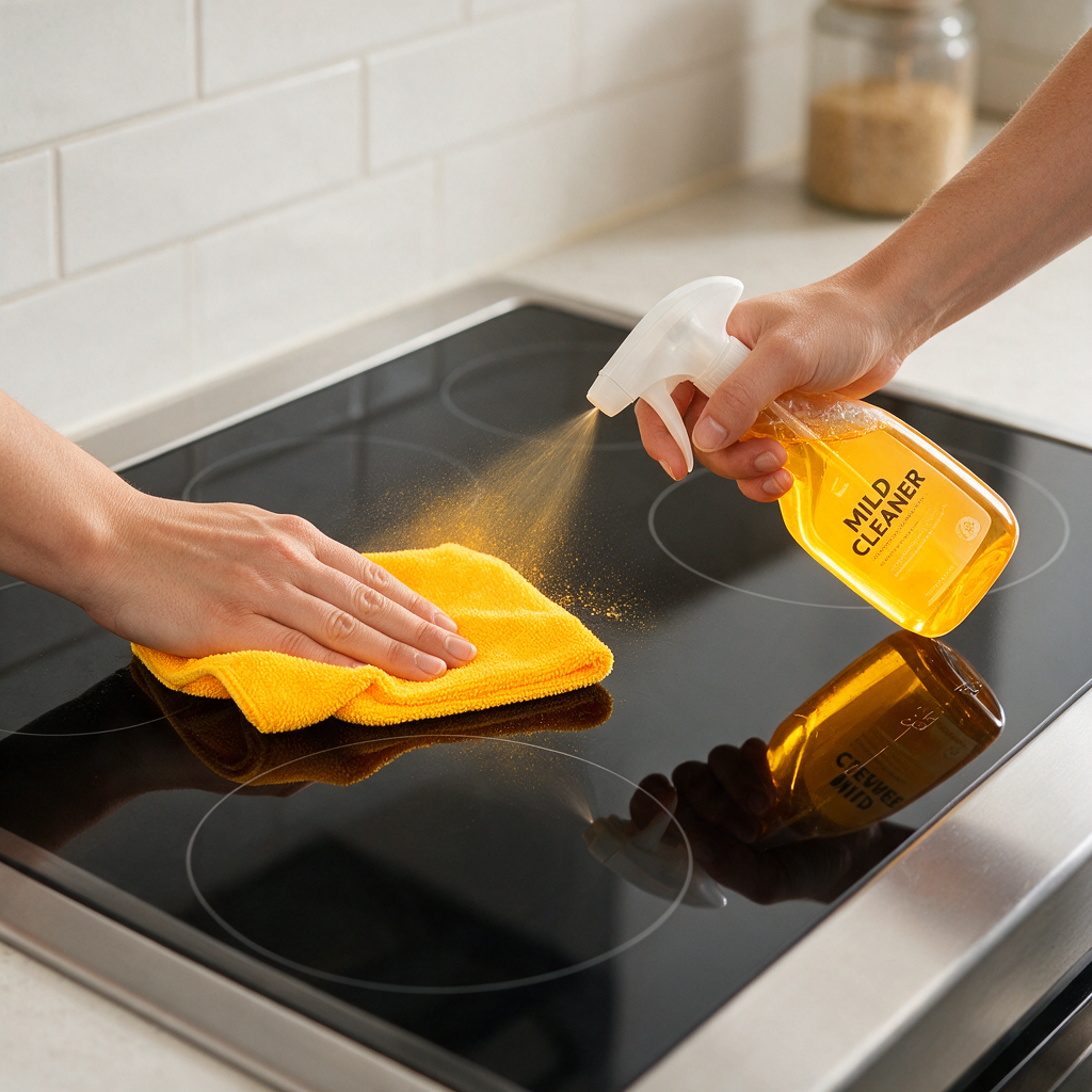 Professional photo of a glossy enamel cooktop being wiped with a microfiber cloth and mild cleaner, showing streak-free shine